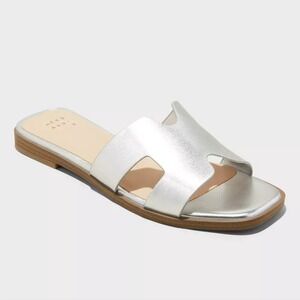 A New Day Nina H-Band Slide Sandals Metallic Silver 10 Block Heel Slip-On
